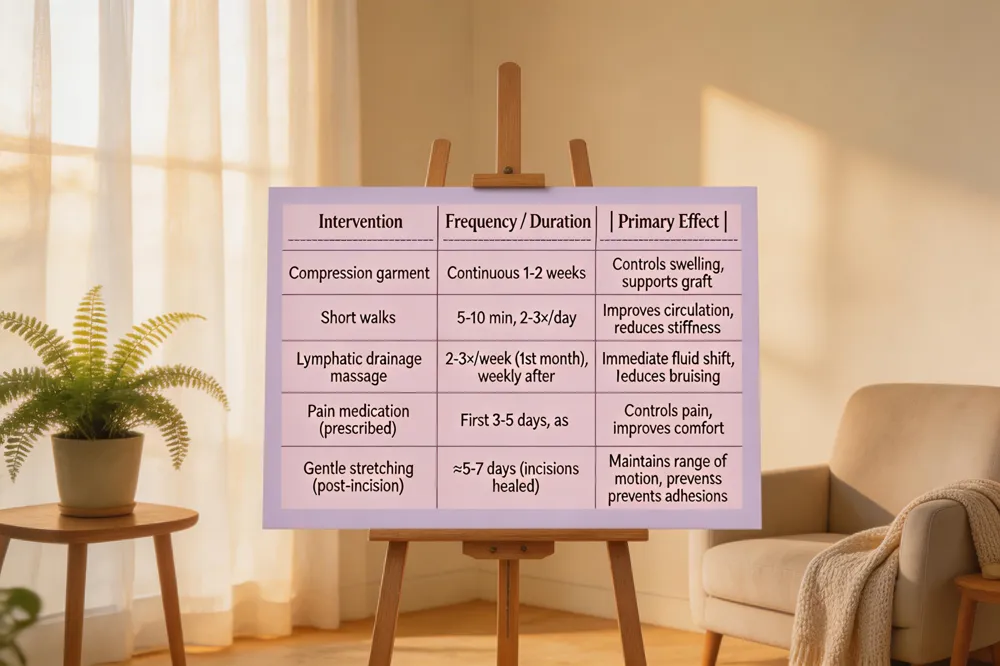| Intervention | Frequency / Duration | Primary Effect |
|--------------|----------------------|----------------|
| Compression garment | Continuous for first 1‑2 weeks | Controls swelling, supports graft |
| Short walks | 5‑10 min, 2‑3×/day | Improves circulation, reduces stiffness |
| Lymphatic drainage massage | 2‑3×/week (first month), then weekly | Immediate fluid shift, less puffy feel; reduces bruising |
| Pain medication (as prescribed) | First 3‑5 days, as needed | Controls nociceptive pain, improves comfort |
| Gentle stretching (post‑incision) | After incisions heal (≈ 5‑7 days) | Maintains range of motion, prevents adhesions |