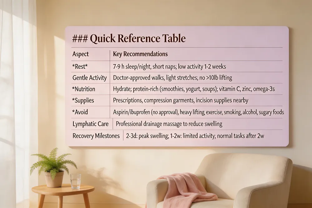 ### Quick Reference Table
| Aspect | Key Recommendations |
|---|---|
| Rest | 7‑9 h sleep per night; short naps if fatigued; keep activity low for 1‑2 weeks. |
| Gentle Activity | Doctor‑approved walks, light stretching, ankle circles; avoid >10 lb lifting. |
| Nutrition | Hydration; protein‑rich easy‑to‑digest foods (smoothies, yogurt, soft soups); vitamin C, zinc, omega‑3s. |
| Supplies | Keep prescriptions, compression garments, incision supplies within easy reach. |
| Avoid | Aspirin/ibuprofen without approval, heavy lifting, vigorous exercise, smoking, alcohol, processed sugary foods. |
| Lymphatic Care | Professional drainage massage to reduce swelling and edema. |
| Typical Recovery Milestones | 2nd‑3rd day: peak swelling; 1‑2 weeks: limited activity; gradual return to normal tasks after 2 weeks. |