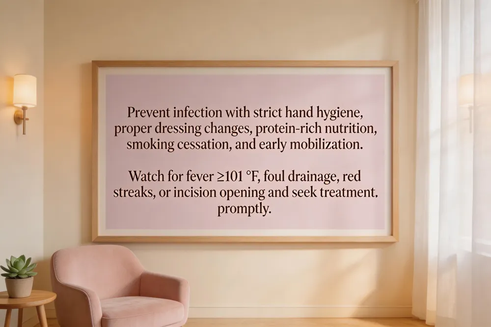 Prevent infection with strict hand hygiene, proper dressing changes, protein‑rich nutrition, smoking cessation, and early mobilization. Watch for fever ≥101 °F, foul drainage, red streaks, or incision opening and seek treatment promptly.