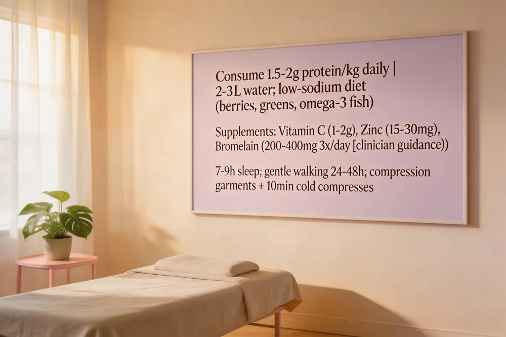 Consume 1.5‑2 g protein per kilogram of body weight daily and stay well‑hydrated (2‑3 L water/day); follow a low‑sodium, anti‑inflammatory diet rich in berries, leafy greens, and omega‑3 fish; supplement with vitamin C (1‑2 g), zinc (15‑30 mg), and bromelain (200‑400 mg three times daily under clinician guidance; prioritize 7‑9 h sleep; begin early gentle walking within 24‑48 h; use compression garments and short (10‑minute) cold compress intervals.