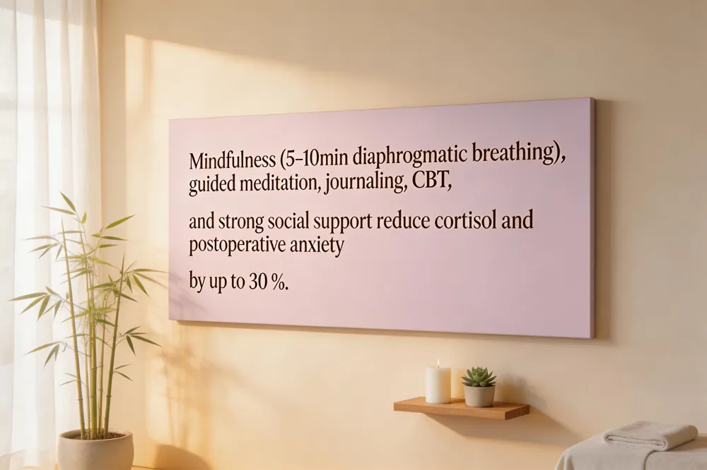 Mindfulness (5‑10 min diaphragmatic breathing), guided meditation, journaling, CBT, and strong social support reduce cortisol and postoperative anxiety by up to 30 %.