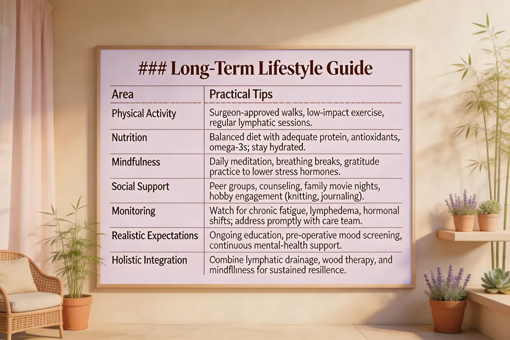 ### Long‑Term Lifestyle Guide
| Area | Practical Tips |
|---|---|
| Physical Activity | Surgeon‑approved walks, low‑impact exercise, regular lymphatic sessions. |
| Nutrition | Balanced diet with adequate protein, antioxidants, omega‑3s; stay hydrated. |
| Mindfulness | Daily meditation, breathing breaks, gratitude practice to lower stress hormones. |
| Social Support | Peer groups, counseling, family movie nights, hobby engagement (knitting, journaling). |
| Monitoring | Watch for chronic fatigue, lymphedema, hormonal shifts; address promptly with care team. |
| Realistic Expectations | Ongoing education, pre‑operative mood screening, continuous mental‑health support. |
| Holistic Integration | Combine lymphatic drainage, wood therapy, and mindfulness for sustained resilience. |