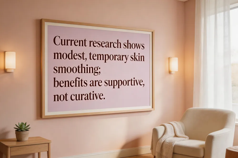 Current research shows modest, temporary skin smoothing; benefits are supportive, not curative.