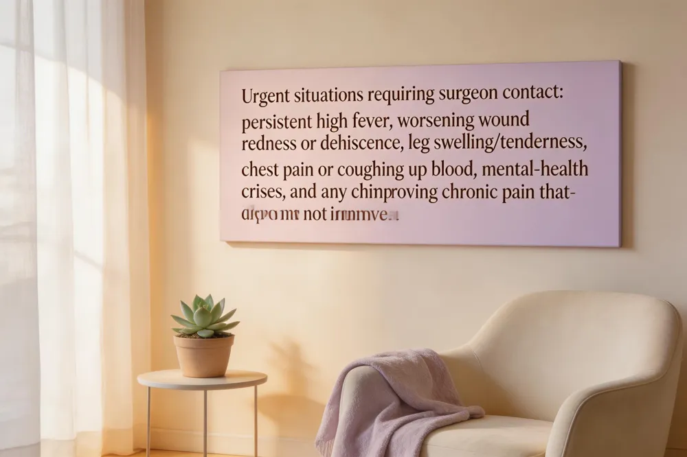 Urgent situations requiring surgeon contact: persistent high fever, worsening wound redness or dehiscence, leg swelling/tenderness, chest pain or coughing up blood, mental‑health crises, and any chronic pain or lymphedema that does not improve.