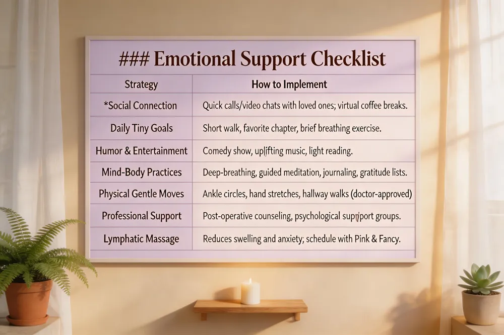 ### Emotional Support Checklist
| Strategy | How to Implement |
|---|---|
| Social Connection | Quick calls or video chats with loved ones; virtual coffee breaks. |
| Daily Tiny Goals | Short walk, favorite chapter, brief breathing exercise. |
| Humor & Entertainment | Comedy show, uplifting music, light reading. |
| Mind‑Body Practices | Deep‑breathing, guided meditation, journaling, gratitude lists. |
| Physical Gentle Moves | Ankle circles, hand stretches, hallway walks (doctor‑approved). |
| Professional Support | Post‑operative counseling, psychological screening, support groups. |
| Lymphatic Massage | Reduces swelling and anxiety; schedule with Pink & Fancy. |