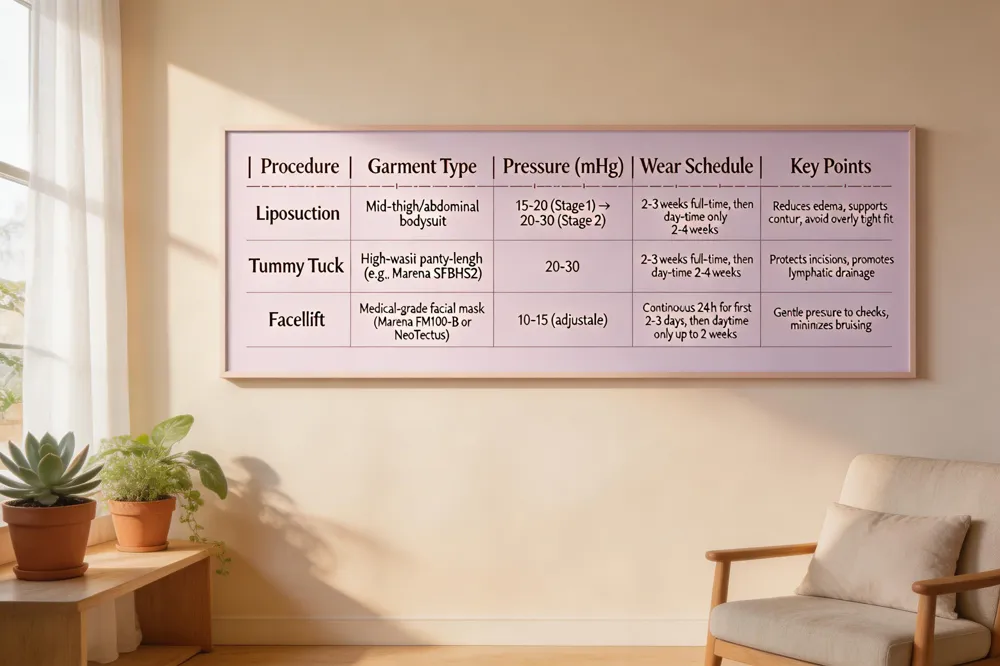 | Procedure | Garment Type | Pressure (mmHg) | Wear Schedule | Key Points |
|---|---|---|---|---|
| Liposuction | Mid‑thigh/abdominal bodysuit | 15‑20 (Stage 1) → 20‑30 (Stage 2) | 2‑3 weeks full‑time, then day‑time only 2‑4 weeks | Reduces edema, supports contour; avoid overly tight fit |
| Tummy Tuck | High‑waist panty‑length bodysuit (e.g., Marena SFBHS2) | 20‑30 | 2‑3 weeks full‑time, then day‑time 2‑4 weeks | Protects incisions, promotes lymphatic drainage |
| Facelift | Medical‑grade facial mask (Marena FM100‑B or NeoTectus) | 10‑15 (adjustable) | Continuous 24 h for first 2‑3 days, then daytime only up to 2 weeks | Gentle pressure to cheeks/jaw, minimizes bruising