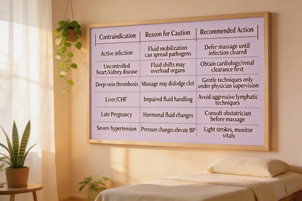 | Contraindication | Reason for Caution | Recommended Action |
|------------------|--------------------|--------------------|
| Active infection | Fluid mobilization can spread pathogens | Defer massage until infection cleared |
| Uncontrolled heart/kidney disease | Fluid shifts may overload compromised organs | Obtain cardiology/renal clearance first |
| Deep‑vein thrombosis or clotting history | Massage may dislodge clot | Use gentle venous return techniques only under physician supervision |
| Liver disease or congestive heart failure | Impaired fluid handling | Avoid aggressive lymphatic techniques |
| Pregnancy (late) | Hormonal changes affect fluid balance | Consult obstetrician before any massage |
| Severe hypertension | Sudden pressure changes can elevate BP | Use light strokes, monitor vitals |