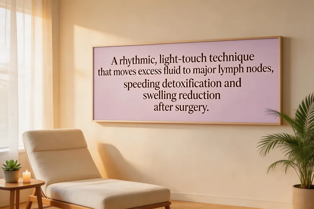 A rhythmic, light‑touch technique that moves excess fluid to major lymph nodes, speeding detoxification and swelling reduction after surgery.