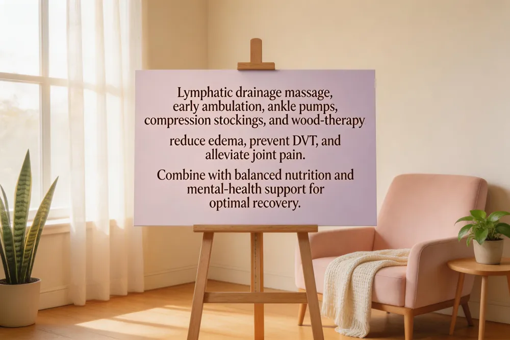 Lymphatic drainage massage, early ambulation, ankle pumps, compression stockings, and wood‑therapy reduce edema, prevent DVT, and alleviate joint pain. Combine with balanced nutrition and mental‑health support for optimal recovery.