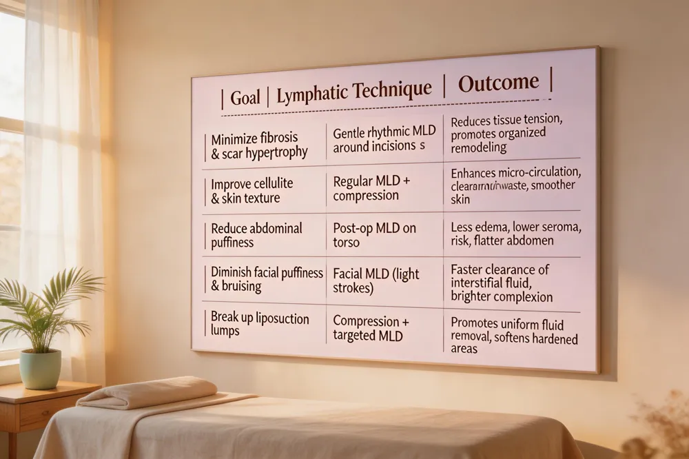 | Goal | Lymphatic Technique | Outcome |
|------|----------------------|---------|
| Minimize fibrosis & scar hypertrophy | Gentle rhythmic MLD around incisions | Reduces tissue tension, promotes organized collagen remodeling |
| Improve cellulite & skin texture | Regular MLD + compression | Enhances micro‑circulation, clears metabolic waste, smoother skin |
| Reduce abdominal puffiness | Post‑op MLD on torso | Less edema, lower seroma risk, flatter abdomen |
| Diminish facial puffiness & bruising | Facial MLD (light strokes) | Faster clearance of interstitial fluid, brighter complexion |
| Break up liposuction lumps | Compression + targeted MLD | Promotes uniform fluid removal, softens hardened areas |