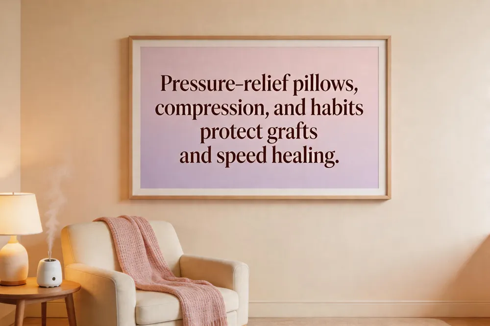 Pressure‑relief pillows, compression, and habits protect grafts and speed healing.