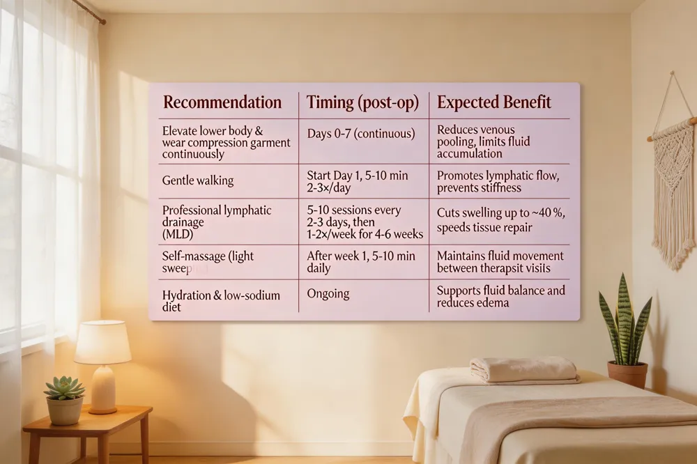 | Recommendation | Timing (post‑op) | Expected Benefit |
|----------------|------------------|------------------|
| Elevate lower body & wear compression garment continuously | Days 0‑7 (continuous) | Reduces venous pooling, limits fluid accumulation |
| Gentle walking | Start Day 1, 5‑10 min 2‑3×/day | Promotes lymphatic flow, prevents stiffness |
| Professional lymphatic drainage (MLD) | 5‑10 sessions every 2‑3 days, then 1‑2×/week for 4‑6 weeks | Cuts swelling up to ~40 %, speeds tissue repair |
| Self‑massage (light sweeping) | After week 1, 5‑10 min daily | Maintains fluid movement between therapist visits |
| Hydration & low‑sodium diet | Ongoing | Supports fluid balance and reduces edema |