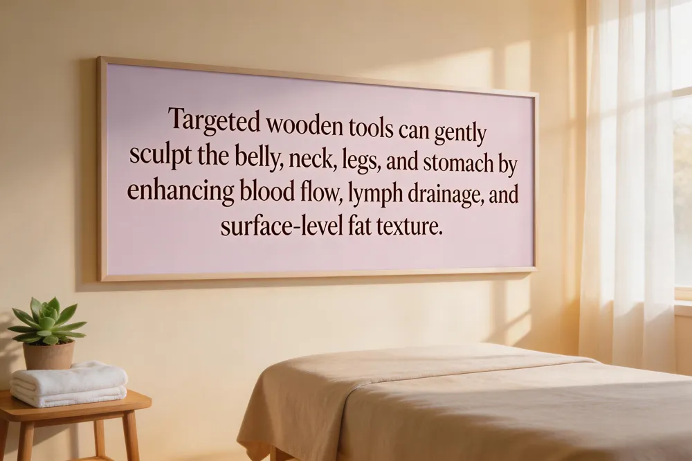 Targeted wooden tools can gently sculpt the belly, neck, legs, and stomach by enhancing blood flow, lymph drainage, and surface‑level fat texture.
