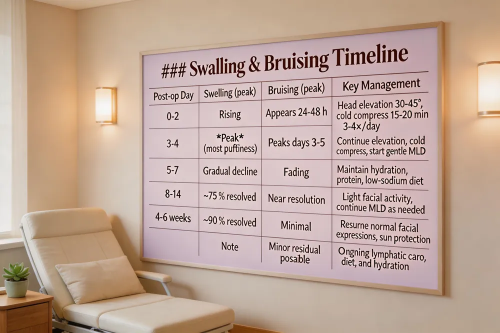 ### Swelling & Bruising Timeline
| Post‑op Day | Swelling (peak) | Bruising (peak) | Key Management |
|---|---|---|---|
| 0‑2 | Rising | Appears 24‑48 h | Head elevation 30‑45°, cold compress 15‑20 min 3‑4×/day |
| 3‑4 | Peak (most puffiness) | Peaks days 3‑5 | Continue elevation, cold compress, start gentle MLD |
| 5‑7 | Gradual decline | Fading | Maintain hydration, protein, low‑sodium diet |
| 8‑14 | ~75 % resolved | Near resolution | Light facial activity, continue MLD as needed |
| 4‑6 weeks | ~90 % resolved | Minimal | Resume normal facial expressions, sun protection |
| Note | on Minor residual edema possible | Ongoing lymphatic care, diet, and hydration |
