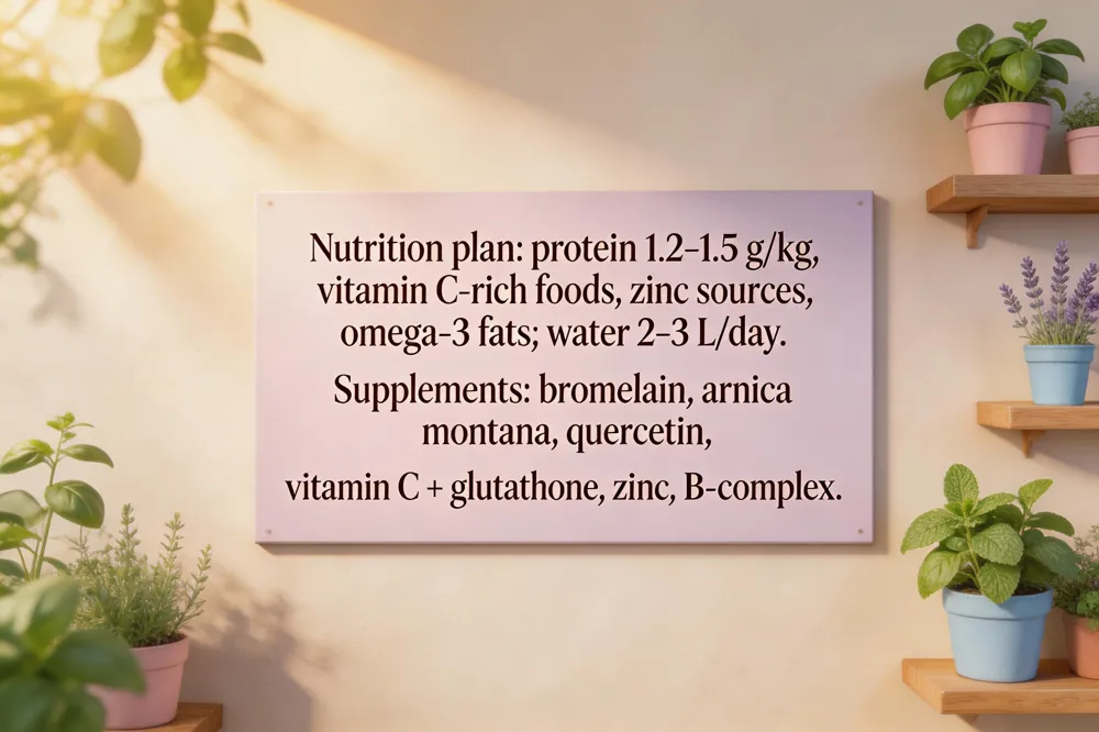Nutrition plan: protein 1.2‑1.5 g/kg, vitamin C‑rich foods, zinc sources, omega‑3 fats; water 2‑3 L/day. Supplements: bromelain, arnica montana, quercetin, vitamin C + glutathione, zinc, B‑complex.