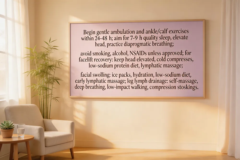 Begin gentle ambulation and ankle/calf exercises within 24‑48 h; aim for 7‑9 h quality sleep, elevate head, practice diaphragmatic breathing; avoid smoking, alcohol, NSAIDs unless approved; for facelift recovery: keep head elevated, cold compresses, low‑sodium protein diet, lymphatic massage; facial swelling: ice packs, hydration, low‑sodium diet, early lymphatic massage; leg lymph drainage: self‑massage, deep breathing, low‑impact walking, compression stockings.