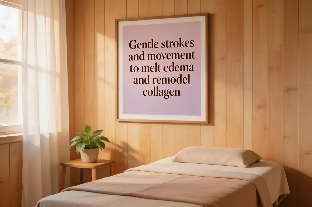 Gentle strokes and movement to melt edema and remodel collagen