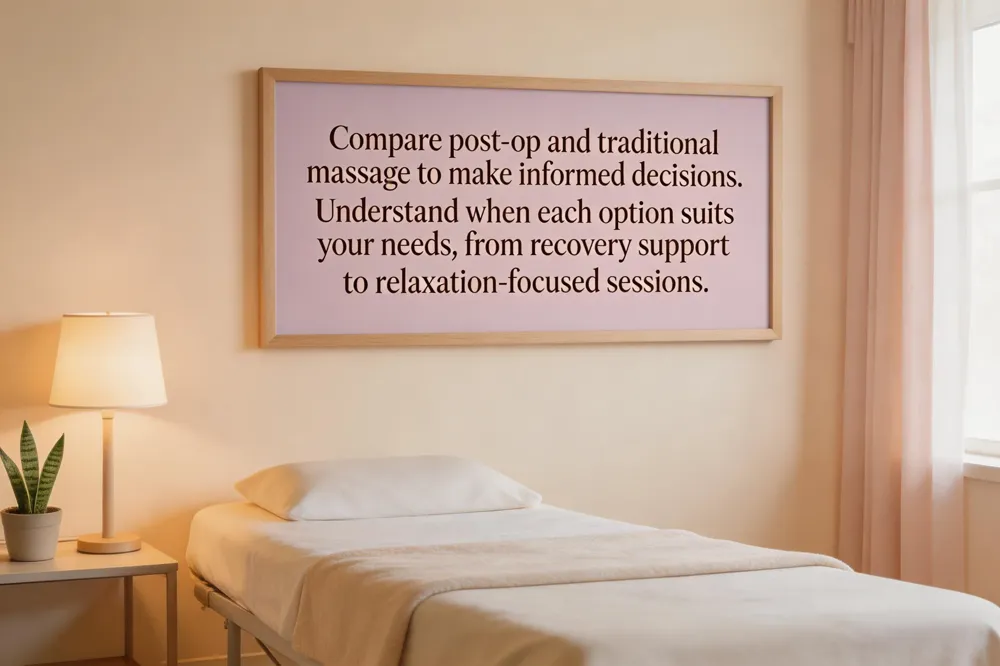 Compare post-op and traditional massage to make informed decisions. Understand when each option suits your needs, from recovery support to relaxation-focused sessions.