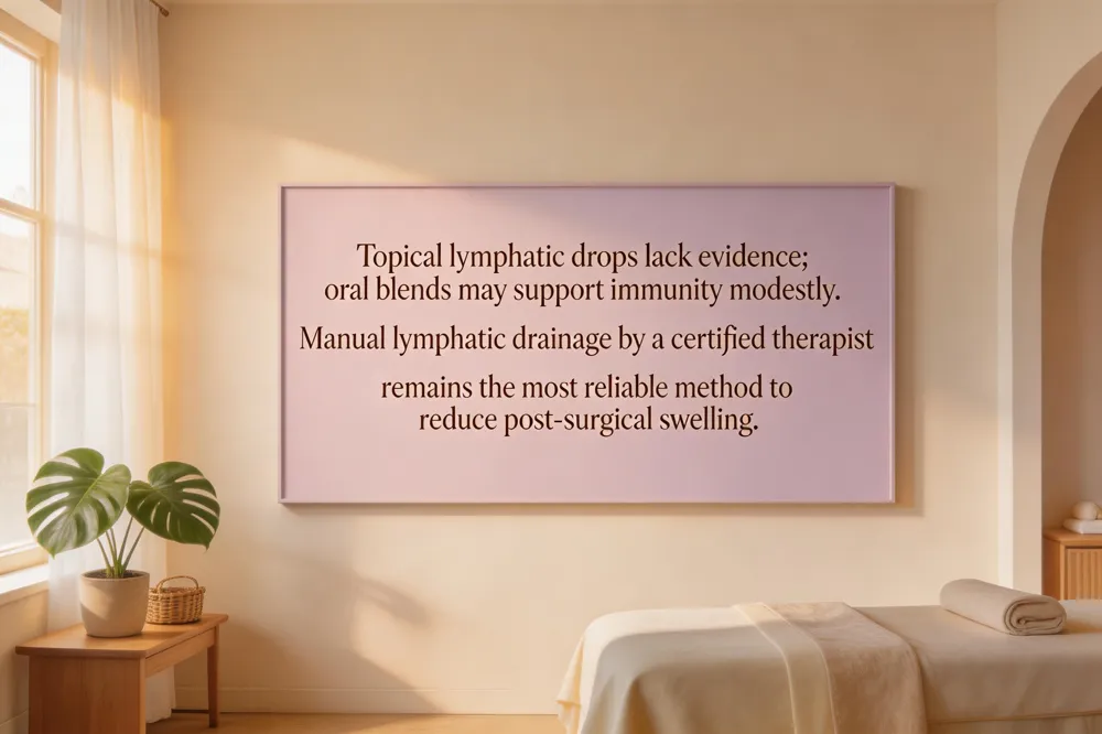 Topical lymphatic drops lack evidence; oral blends may support immunity modestly. Manual lymphatic drainage by a certified therapist remains the most reliable method to reduce post‑surgical swelling.