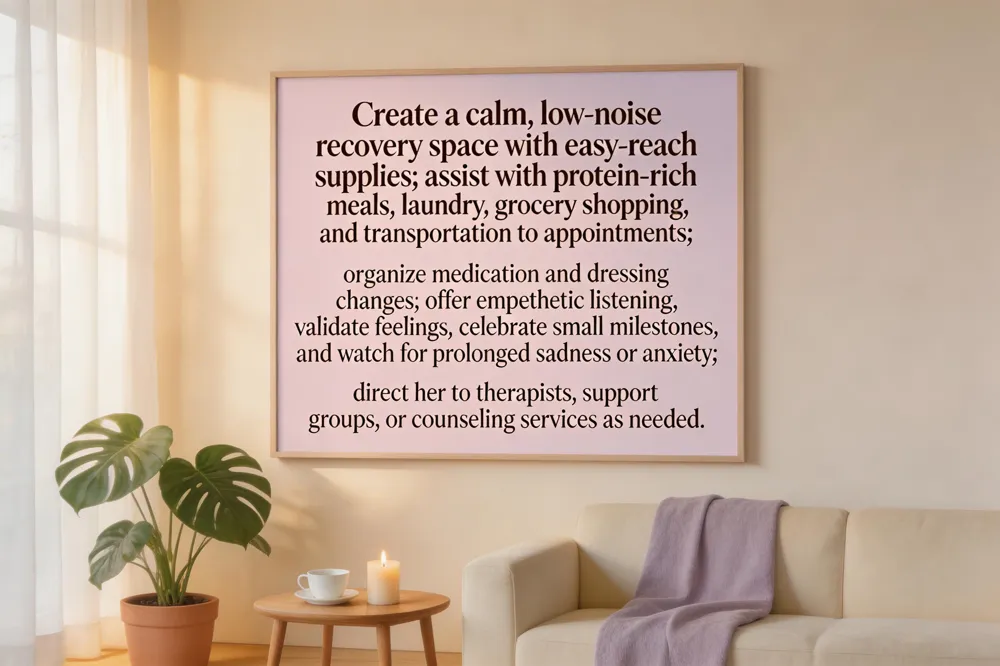 Create a calm, low‑noise recovery space with easy‑reach supplies; assist with protein‑rich meals, laundry, grocery shopping, and transportation to appointments; organize medication and dressing changes; offer empathetic listening, validate feelings, celebrate small milestones, and watch for prolonged sadness or anxiety; direct her to therapists, support groups, or counseling services as needed.