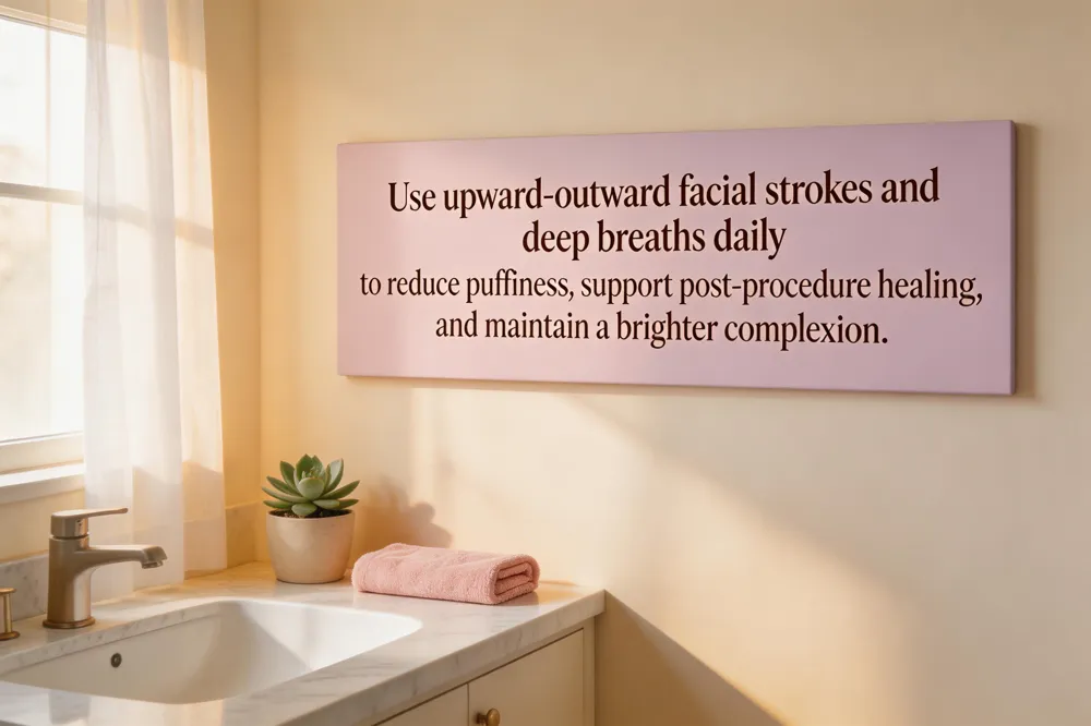 Use upward‑outward facial strokes and deep breaths daily to reduce puffiness, support post‑procedure healing, and maintain a brighter complexion.
