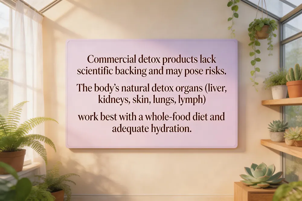Commercial detox products lack scientific backing and may pose risks. The body’s natural detox organs (liver, kidneys, skin, lungs, lymph) work best with a whole‑food diet and adequate hydration.