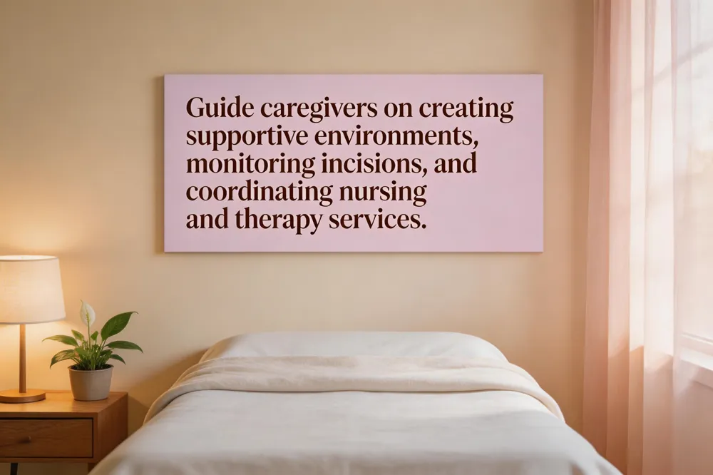 Guide caregivers on creating supportive environments, monitoring incisions, and coordinating nursing and therapy services.