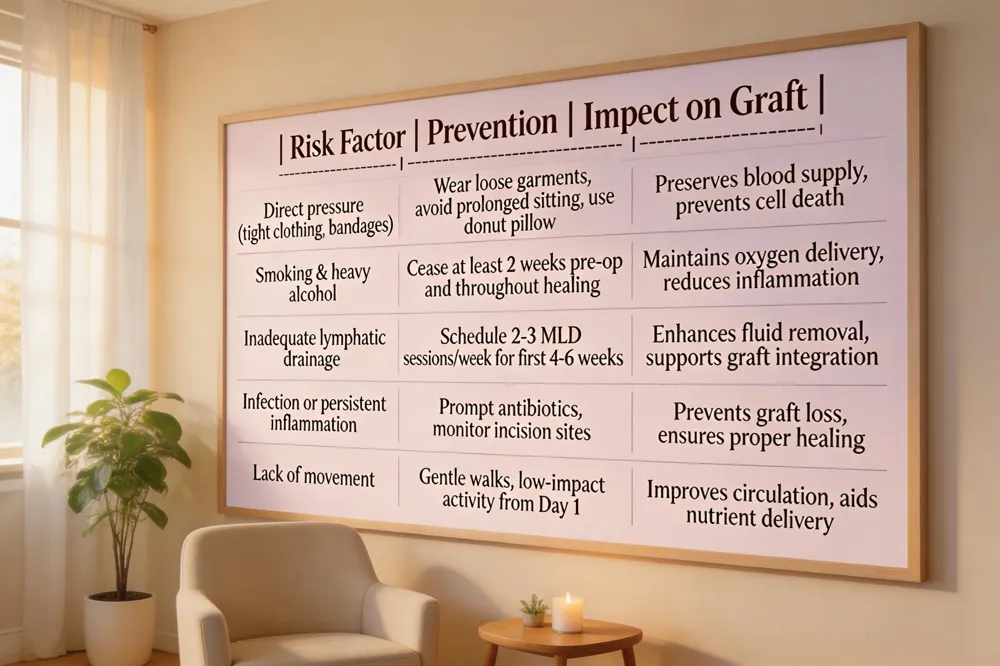| Risk Factor | Prevention | Impact on Graft |
|-------------|------------|-----------------|
| Direct pressure (tight clothing, bandages) | Wear loose garments, avoid prolonged sitting, use donut pillow | Preserves blood supply, prevents cell death |
| Smoking & heavy alcohol | Cease at least 2 weeks pre‑op and throughout healing | Maintains oxygen delivery, reduces inflammation |
| Inadequate lymphatic drainage | Schedule 2‑3 MLD sessions/week for first 4‑6 weeks | Enhances fluid removal, supports graft integration |
| Infection or persistent inflammation | Prompt antibiotics, monitor incision sites | Prevents graft loss, ensures proper healing |
| Lack of movement | Gentle walks, low‑impact activity from Day 1 | Improves circulation, aids nutrient delivery |