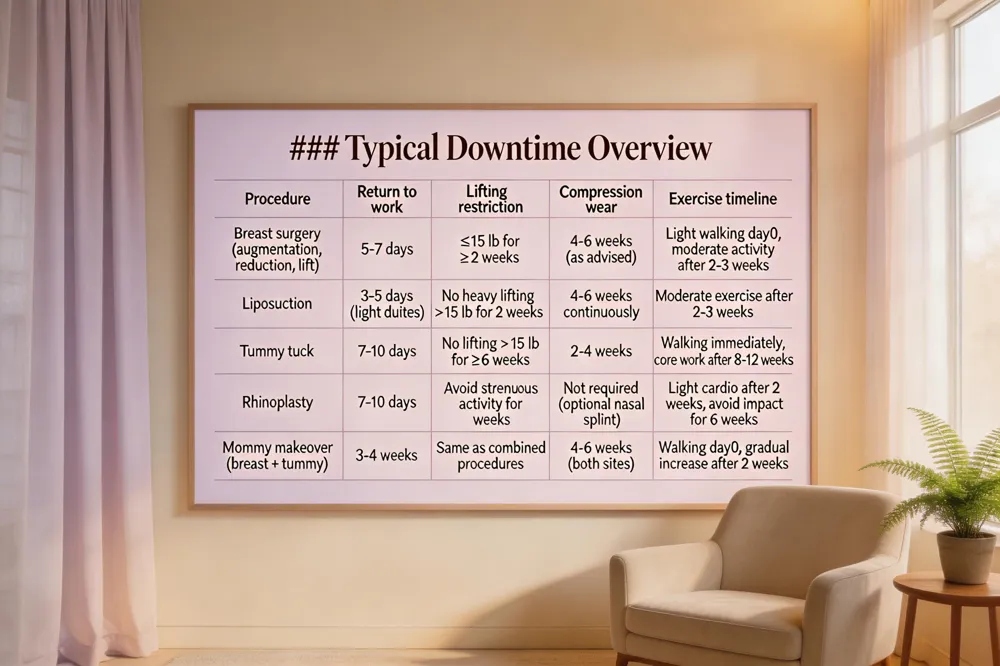 ### Typical Downtime Overview
| Procedure | Return to work | Lifting restriction | Compression wear | Exercise timeline |
|---|---|---|---|---|
| Breast surgery (augmentation, reduction, lift) | 5‑7 days | ≤ 15 lb for ≥ 2 weeks | 4‑6 weeks (as advised) | Light walking day 0, moderate activity after 2‑3 weeks |
| Liposuction | 3‑5 days (light duties) | No heavy lifting > 15 lb for 2 weeks | 4‑6 weeks continuously | Moderate exercise after 2‑3 weeks |
| Tummy tuck | 7‑10 days | No lifting > 15 lb for ≥ 6 weeks | 2‑4 weeks | Walking immediately, core work after 8‑12 weeks |
| Rhinoplasty | 7‑10 days | Avoid strenuous activity for 2 weeks | Not required (optional nasal splint) | Light cardio after 2 weeks, avoid impact for 6 weeks |
| Mommy makeover (breast + tummy) | 3‑4 weeks | Same as combined procedures | 4‑6 weeks (both sites) | Walking day 0, gradual increase after 2 weeks |
