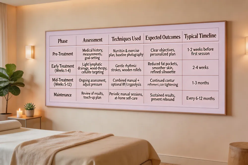 | Phase | Assessment | Techniques Used | Expected Outcomes | Typical Timeline |
|---|---|---|---|---|
| Pre‑Treatment | Medical history, measurements, goal‑setting | Nutrition &amp; exercise plan, baseline photography | Clear objectives, personalized plan | 1‑2 weeks before first session |
| Early Treatment (Weeks 1‑4) | Light lymphatic drainage, wood‑therapy, cellulite targeting | Gentle rhythmic strokes, wooden rollers | Reduced fat pockets, smoother skin, refined silhouette | 2‑4 weeks |
| Mid‑Treatment (Weeks 5‑12) | Ongoing assessment, adjust pressure | Combined manual + optional RF/cryolipolysis | Continued contour refinement, skin tightening | 1‑3 months |
| Maintenance | Review of results, touch‑up plan | Periodic manual sessions, at‑home self‑care | Sustained results, prevent rebound | Every 6‑12 months |
