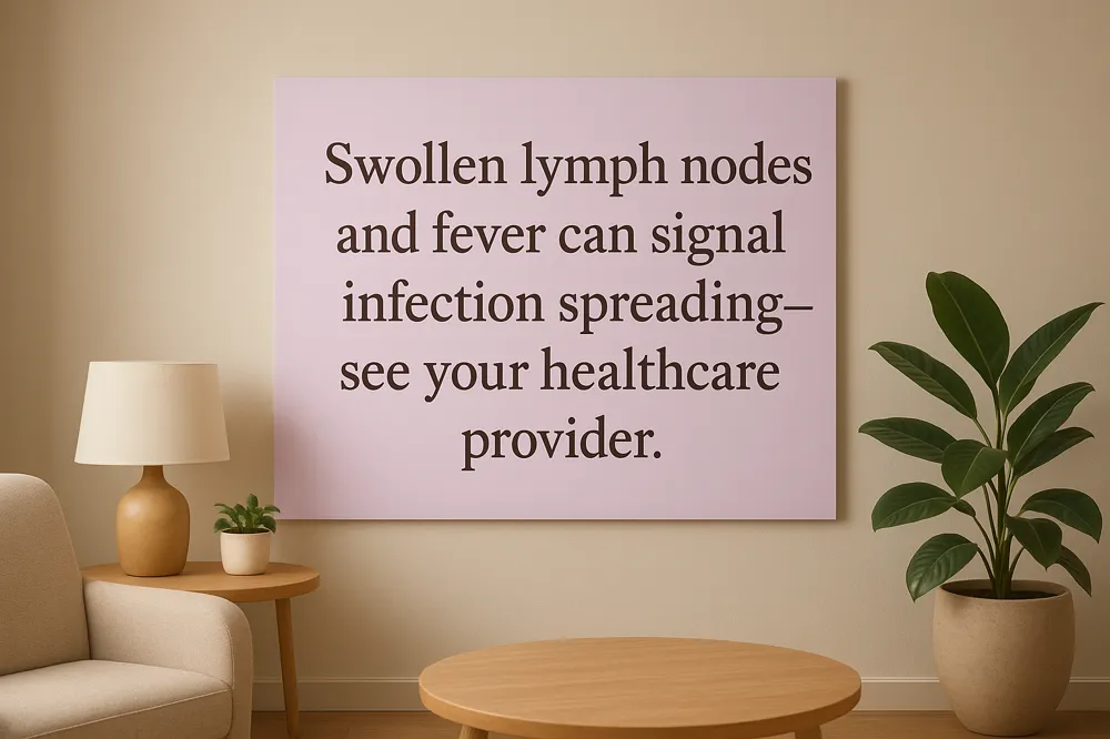 Swollen lymph nodes and fever can signal infection spreading—see your healthcare provider.