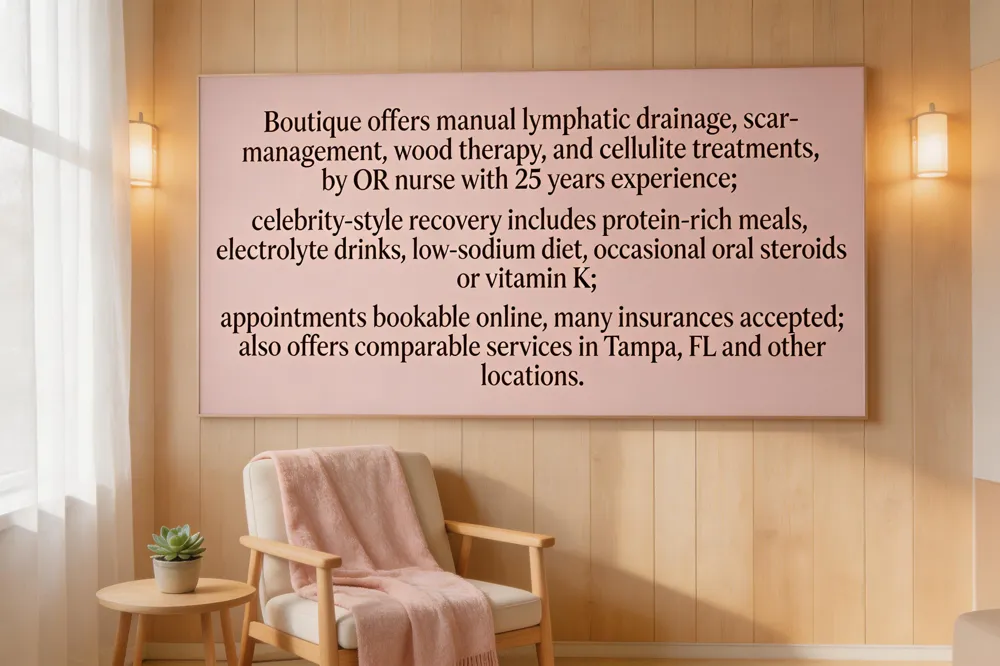 Boutique offers manual lymphatic drainage, scar‑management, wood therapy, and cellulite treatments by OR nurse with 25 years experience; celebrity‑style recovery includes protein‑rich meals, electrolyte drinks, low‑sodium diet, occasional oral steroids or vitamin K; appointments bookable online, many insurances accepted; also offers comparable services in Tampa, FL and other locations.