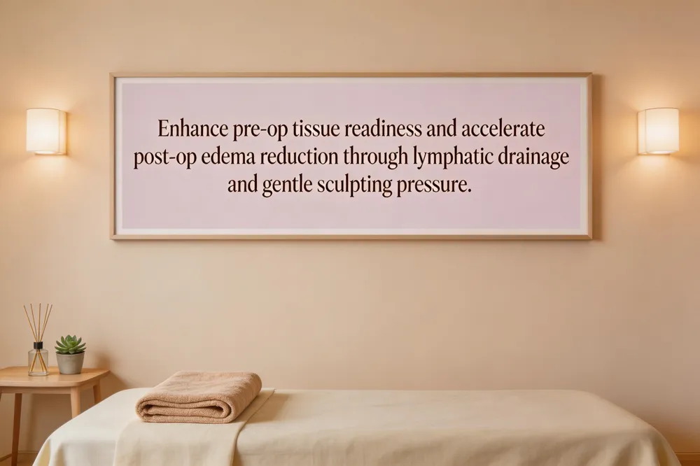Enhance pre‑op tissue readiness and accelerate post‑op edema reduction through lymphatic drainage and gentle sculpting pressure.