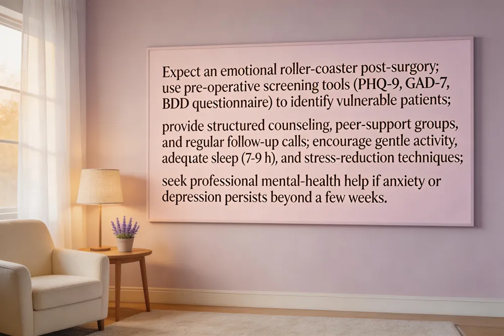 Expect an emotional roller‑coaster post‑surgery; use pre‑operative screening tools (PHQ‑9, GAD‑7, BDD questionnaire) to identify vulnerable patients; provide structured counseling, peer‑support groups, and regular follow‑up calls; encourage gentle activity, adequate sleep (7‑9 h), and stress‑reduction techniques; seek professional mental‑health help if anxiety or depression persists beyond a few weeks.