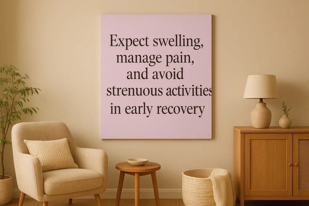Expect swelling, manage pain, and avoid strenuous activities in early recovery