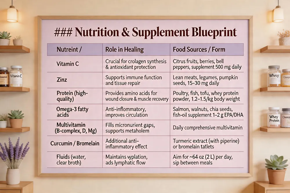 ### Nutrition & Supplement Blueprint
| Nutrient / Supplement | Role in Healing | Food Sources / Form |
|---|---|---|
| Vitamin C | Crucial for collagen synthesis & antioxidant protection | Citrus fruits, berries, bell peppers, supplement 500 mg daily |
| Zinc | Supports immune function and tissue repair | Lean meats, legumes, pumpkin seeds, 15–30 mg daily |
| Protein (high‑quality) | Provides amino acids for wound closure & muscle recovery | Poultry, fish, tofu, whey protein powder, 1.2–1.5 g/kg body weight |
| Omega‑3 fatty acids | Anti‑inflammatory, improves circulation | Salmon, walnuts, chia seeds, fish‑oil supplement 1–2 g EPA/DHA |
| Multivitamin (B‑complex, D, Mg) | Fills micronutrient gaps, supports metabolism | Daily comprehensive multivitamin |
| Curcumin / Bromelain | Additional anti‑inflammatory effect | Turmeric extract (with piperine) or bromelain tablets |
| Fluids (water, clear broth) | Maintains hydration, aids lymphatic flow | Aim for ~64 oz (2 L) per day, sip between meals |

