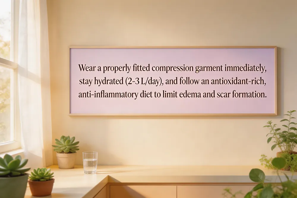 Wear a properly fitted compression garment immediately, stay hydrated (2‑3 L/day), and follow an antioxidant‑rich, anti‑inflammatory diet to limit edema and scar formation.