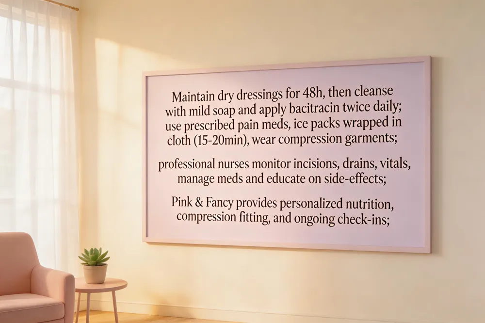 Maintain dry dressings for 48 h, then cleanse with mild soap and apply bacitracin twice daily; use prescribed pain meds, ice packs wrapped in cloth (15‑20 min), wear compression garments; professional nurses monitor incisions, drains, vitals, manage meds and educate on side‑effects; Pink & Fancy provides personalized nutrition, compression fitting, and ongoing check‑ins.
