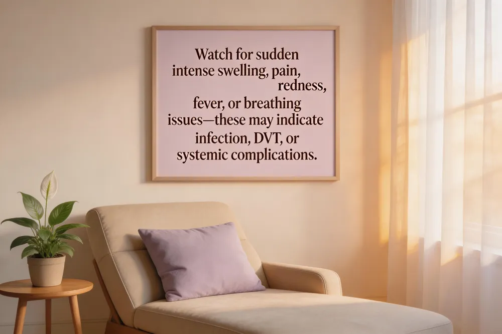Watch for sudden intense swelling, pain, redness, fever, or breathing issues—these may indicate infection, DVT, or systemic complications.