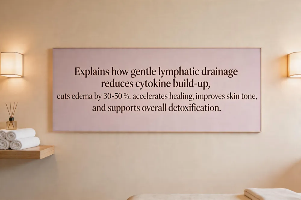 Explains how gentle lymphatic drainage reduces cytokine build‑up, cuts edema by 30‑50 %, accelerates healing, improves skin tone and and supports overall detoxification.