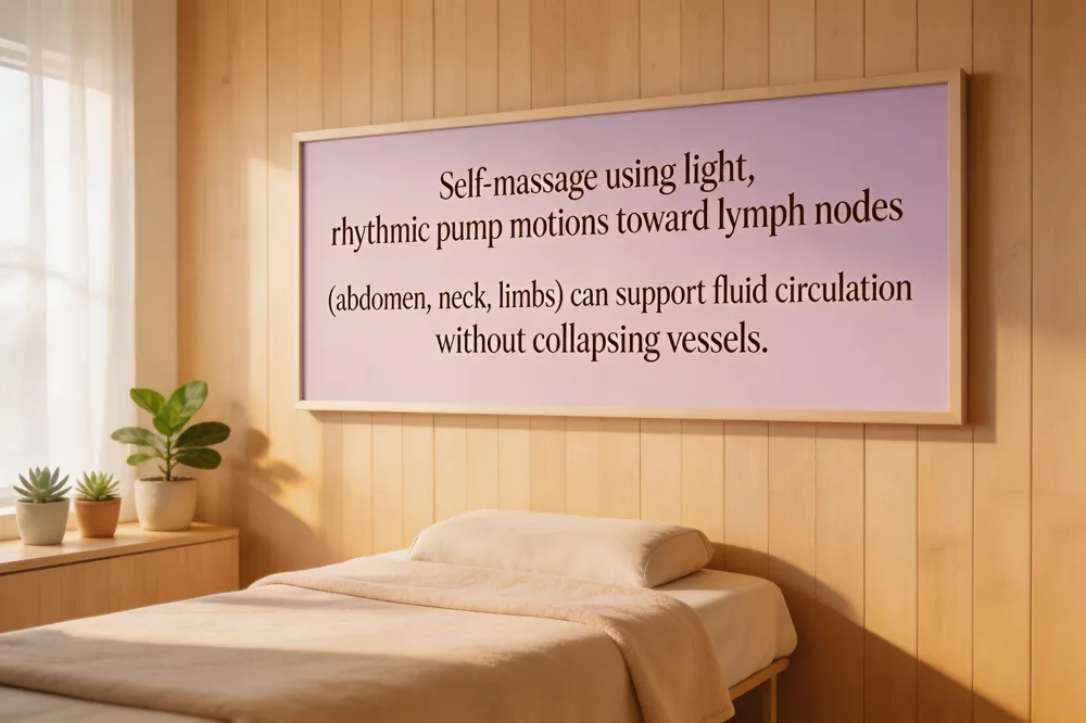Self‑massage using light, rhythmic pump motions toward lymph nodes (abdomen, neck, limbs) can support fluid circulation without collapsing vessels.