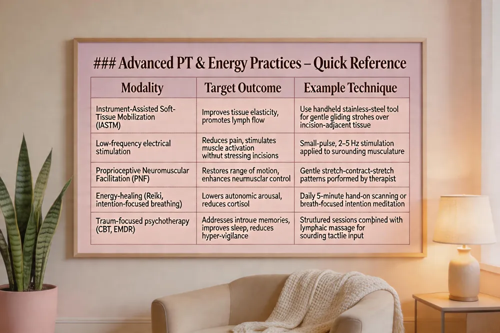 ### Advanced PT & Energy Practices – Quick Reference
| Modality | Target Outcome | Example Technique |
|---|---|---|
| Instrument‑Assisted Soft‑Tissue Mobilization (IASTM) | Improves tissue elasticity, promotes lymph flow | Use handheld stainless‑steel tool for gentle gliding strokes over incision‑adjacent tissue |
| Low‑frequency electrical stimulation | Reduces pain, stimulates muscle activation without stressing incisions | Small‑pulse, 2–5 Hz stimulation applied to surrounding musculature |
| Proprioceptive Neuromuscular Facilitation (PNF) | Restores range of motion, enhances neuromuscular control | Gentle stretch‑contract‑stretch patterns performed by therapist |
| Energy‑healing (Reiki, intention‑focused breathing) | Lowers autonomic arousal, reduces cortisol | Daily 5‑minute hand‑on scanning or breath‑focused intention meditation |
| Trauma‑focused psychotherapy (CBT, EMDR) | Addresses intrusive memories, improves sleep, reduces hyper‑vigilance | Structured sessions combined with lymphatic massage for soothing tactile input |
