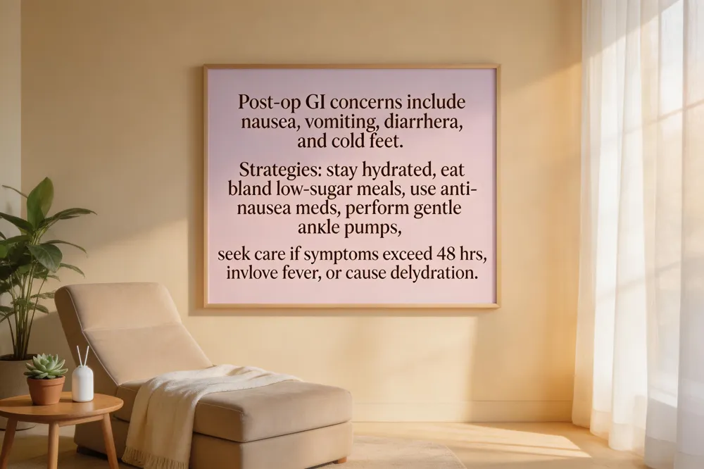 Post‑op GI concerns include nausea, vomiting, diarrhea, and cold feet. Strategies: stay hydrated, eat bland low‑sugar meals, use anti‑nausea meds, perform gentle ankle pumps, and seek care if symptoms exceed 48 hrs, involve fever, or cause dehydration.