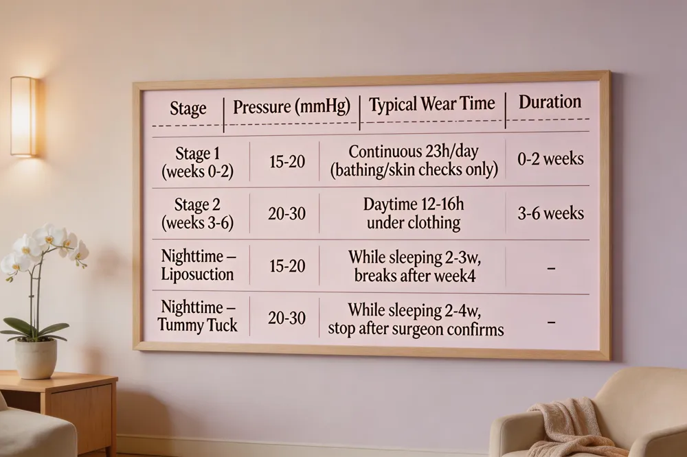 | Stage | Pressure (mmHg) | Typical Wear Time | Duration |
|---|---|---|---|
| Stage 1 (weeks 0‑2) | 15‑20 | Continuous 23 h/day (remove only for bathing/skin checks) | 0‑2 weeks |
| Stage 2 (weeks 3‑6) | 20‑30 | Daytime 12‑16 h under clothing | 3‑6 weeks |
| Nighttime – Liposuction | 15‑20 | While sleeping 2‑3 weeks, then short supervised breaks after week 4 | – |
| Nighttime – Tummy Tuck | 20‑30 | While sleeping 2‑4 weeks, discontinue after surgeon confirms stable sutures | – |
