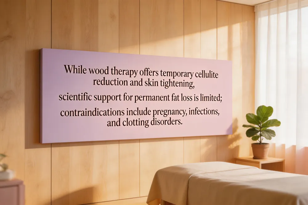 While wood therapy offers temporary cellulite reduction and skin tightening, scientific support for permanent fat loss is limited; contraindications include pregnancy, infections, and clotting disorders.