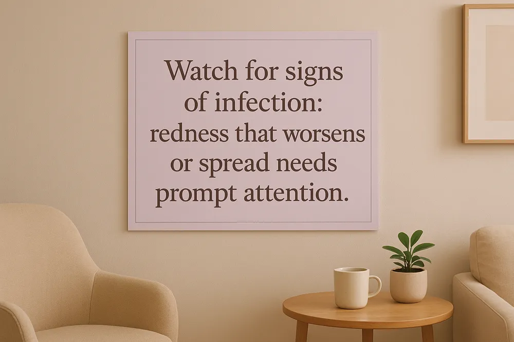 Watch for signs of infection: redness that worsens or spreads needs prompt attention.