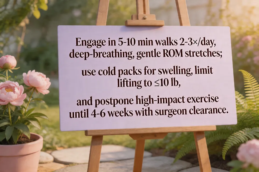 Engage in 5‑10 min walks 2‑3×/day, deep‑breathing, gentle ROM stretches; use cold packs for swelling, limit lifting to ≤10 lb, and postpone high‑impact exercise until 4‑6 weeks with surgeon clearance.