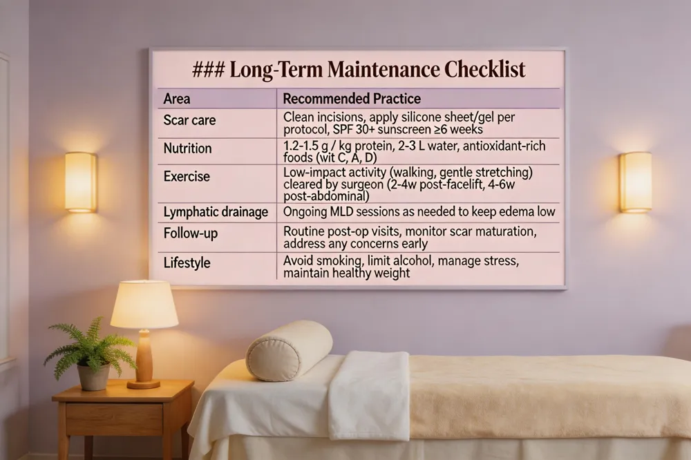 ### Long‑Term Maintenance Checklist
| Area | Recommended Practice |
|---|---|
| Scar care | Clean incisions, apply silicone sheet/gel per protocol, SPF 30+ sunscreen ≥ 6 weeks |
| Nutrition | 1.2‑1.5 g / kg protein, 2‑3 L water, antioxidant‑rich foods (vit C, A, D) |
| Exercise | Low‑impact activity (walking, gentle stretching) cleared by surgeon (typically 2‑4 weeks post‑facelift, 4‑6 weeks post‑abdominal) |
| Lymphatic drainage | Ongoing MLD sessions as needed to keep edema low |
| Follow‑up | Routine post‑op visits, monitor scar maturation, address any concerns early |
| Lifestyle | Avoid smoking, limit alcohol, manage stress, maintain healthy weight |
