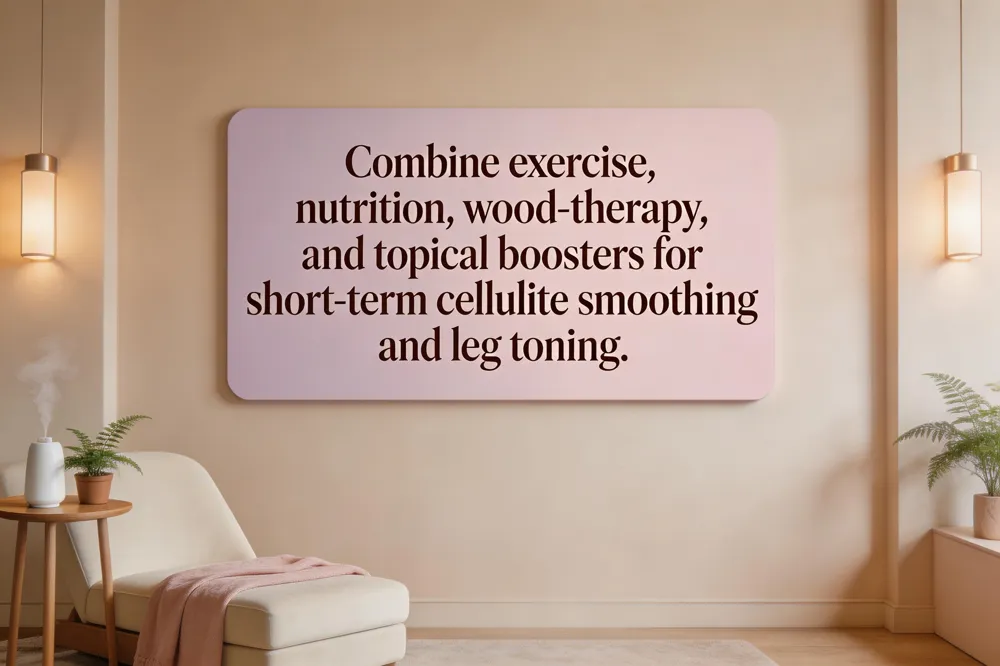 Combine exercise, nutrition, wood‑therapy, and topical boosters for short‑term cellulite smoothing and leg toning.