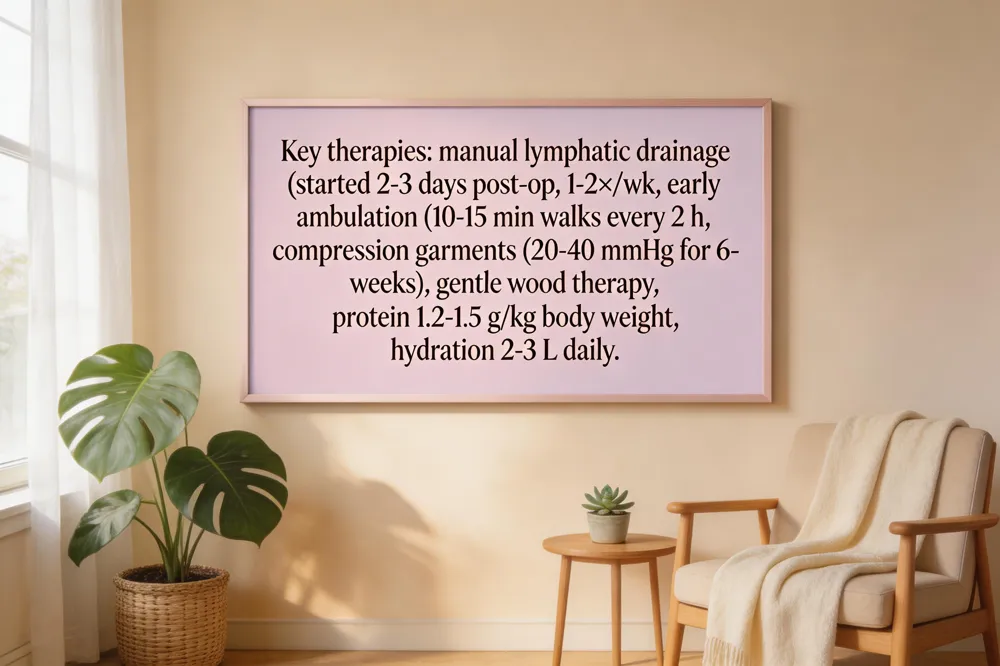 Key therapies: manual lymphatic drainage (started 2‑3 days post‑op, 1‑2×/wk), early ambulation (10‑15 min walks every 2 h), compression garments (20‑40 mmHg for 6‑8 weeks), gentle wood therapy, protein 1.2‑1.5 g/kg body weight, hydration 2‑3 L daily.